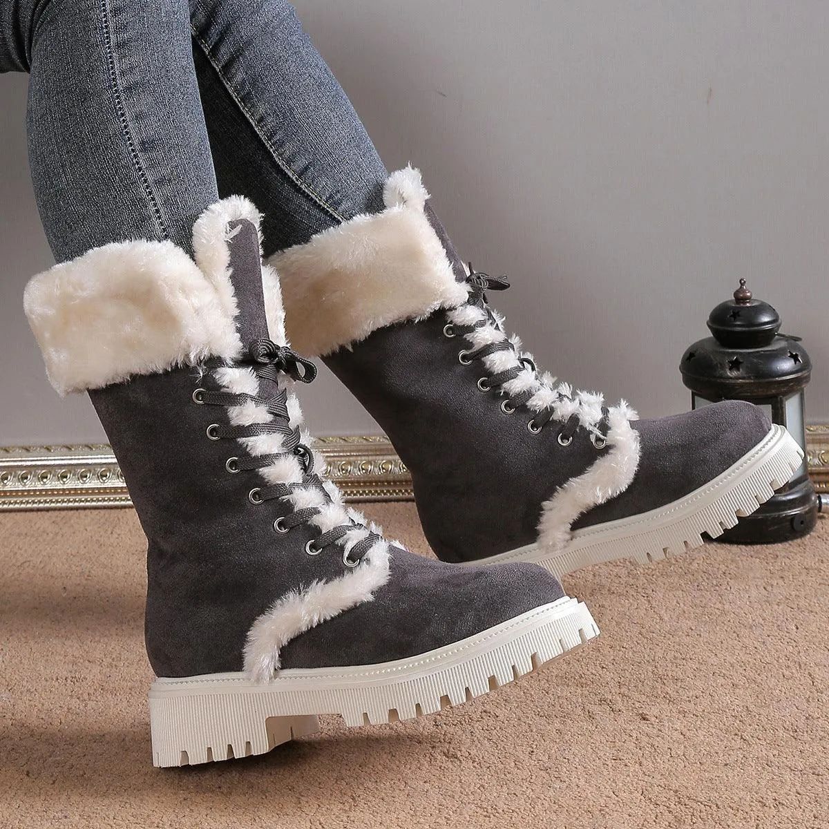 Winter Lace-up Mid-tube Warm Fleece Chunky Heels Plush Boots