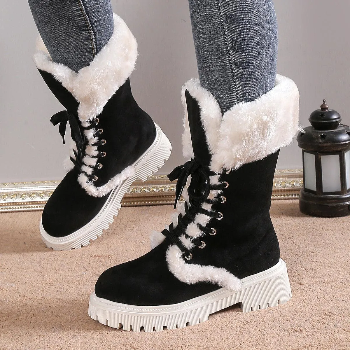 Winter Lace-up Mid-tube Warm Fleece Chunky Heels Plush Boots