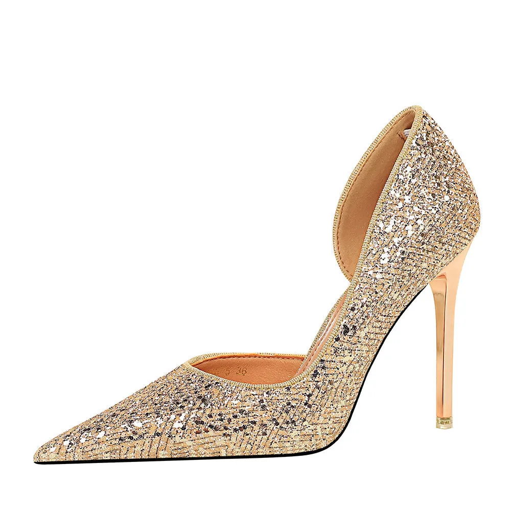 Women sequin pointed toe side cut sexy stiletto heels