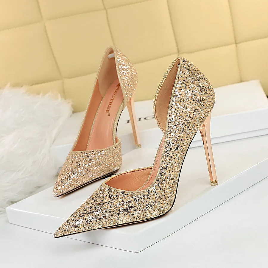 Women sequin pointed toe side cut sexy stiletto heels