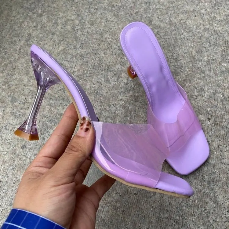 Women square peep toe slide stiletto high heels