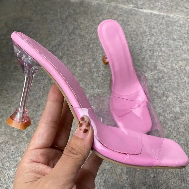 Women square peep toe slide stiletto high heels