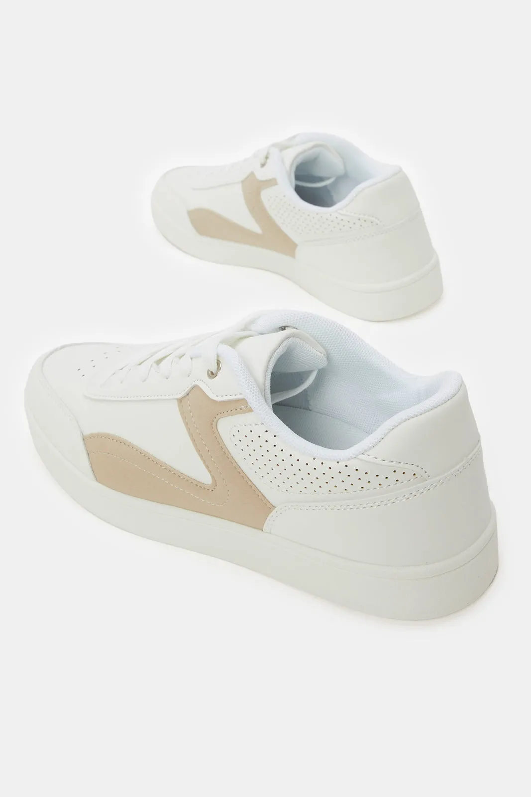 Women White Lace Up Trainer With Beige Overlay