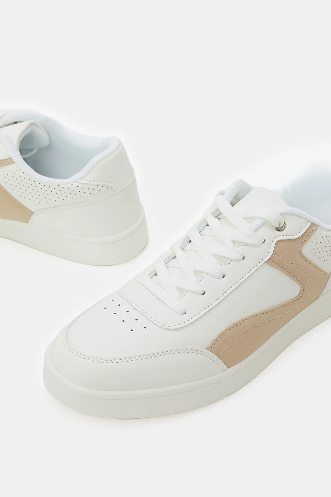 Women White Lace Up Trainer With Beige Overlay